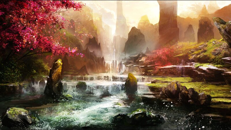 Waterfall in Canyon — Red, Serene, Sunset, Digital Art