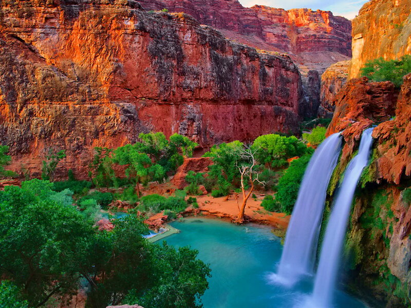 Waterfall in Canyon — Red, Serene, Sunset, Photograph