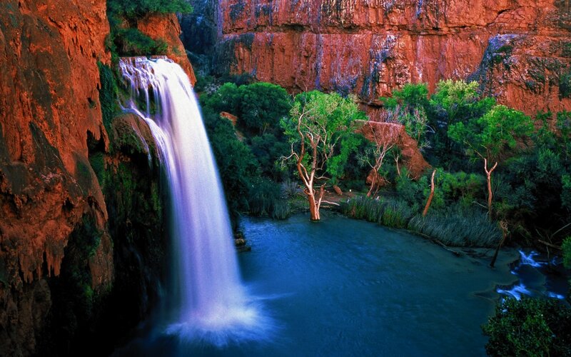 Waterfall in Canyon — Red, Serene, Sunset, Photograph, Trees, Pool