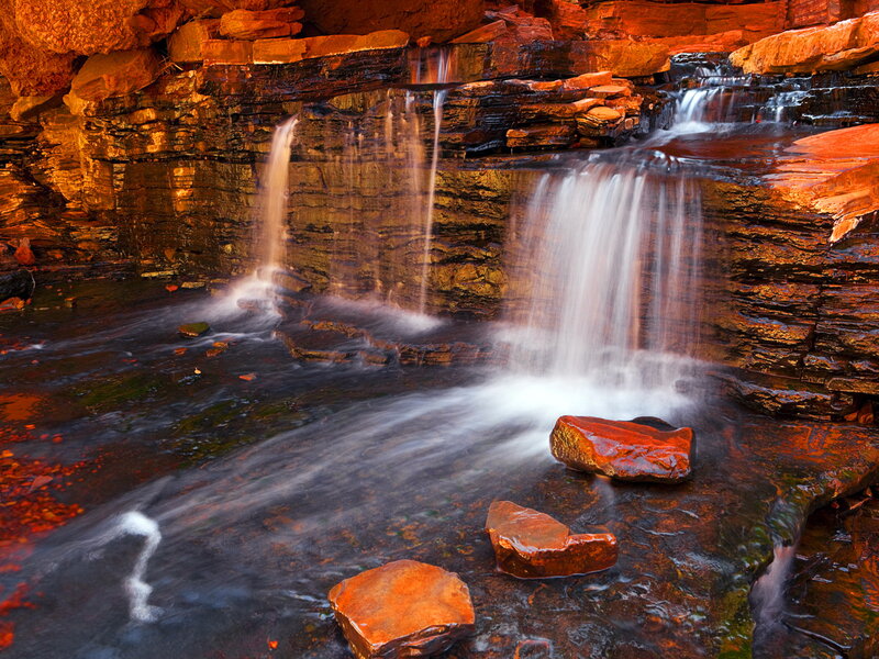 Waterfall in Canyon — Red, Serene, Sunset