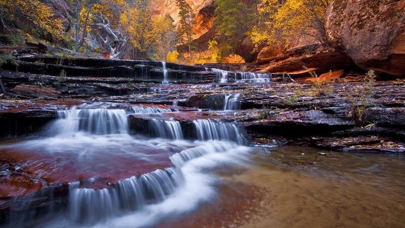 Waterfall in Canyon — Yellow, Serene, Autumn