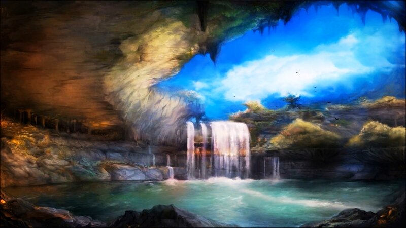 Waterfall in Cave — Blue, Dramatic, Digital Art