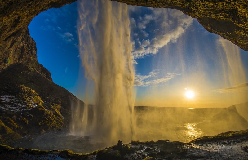 Waterfall in Cave — Blue, Dramatic, Sunset, Photograph, Sun