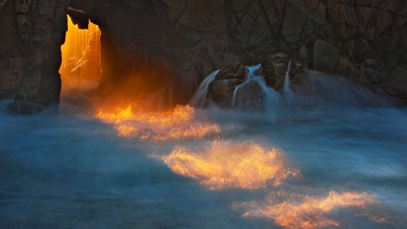 Waterfall in Cave — Blue, Dramatic, Sunset, Photograph