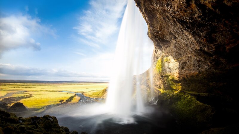 Waterfall in Cave — Blue, Serene, Afternoon, Photograph, River