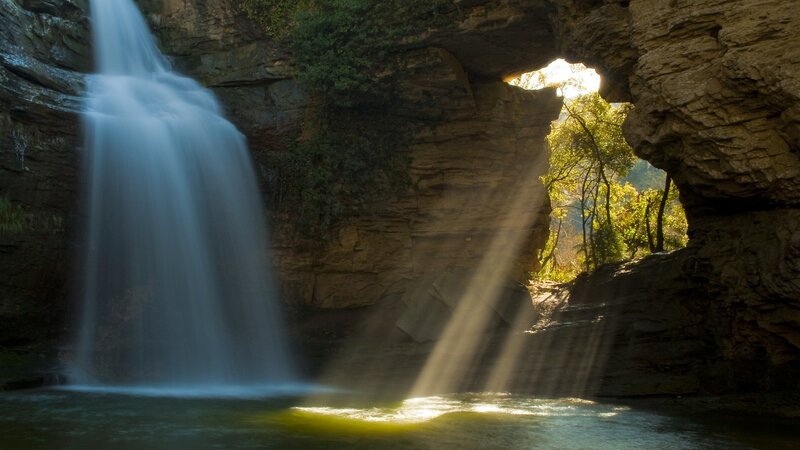 Waterfall in Cave — Blue, Serene, Afternoon, Photograph