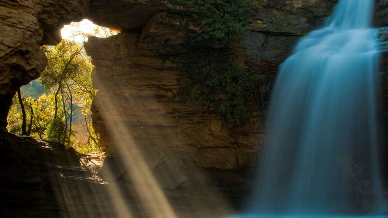 Waterfall in Cave — Blue, Serene, Afternoon