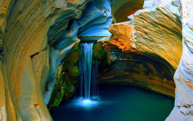 Waterfall in Cave — Blue, Serene, Photograph