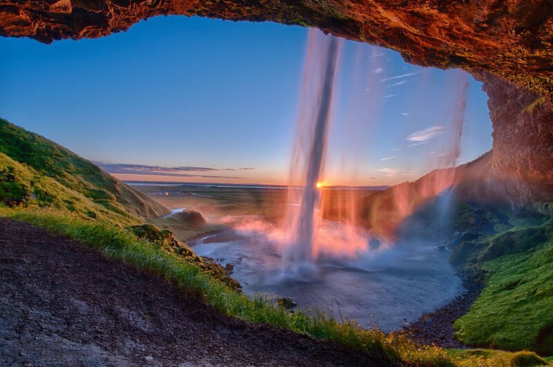 Waterfall in Cave — Blue, Serene, Sunrise