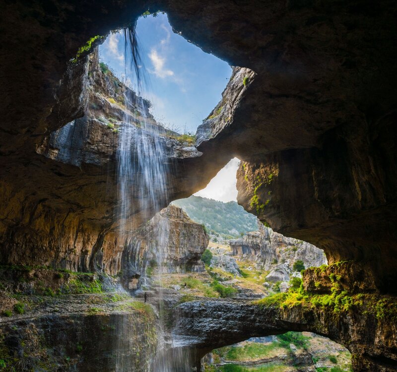Waterfall in Cave — Brown, Dramatic, Afternoon