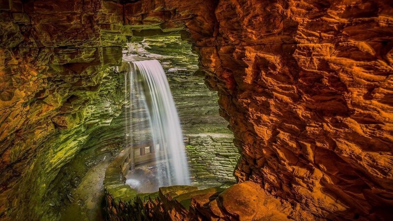 Waterfall in Cave — Brown, Dramatic, Photograph