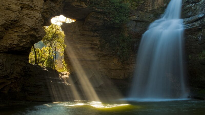 Waterfall in Cave — Brown, Serene, Afternoon, Photograph