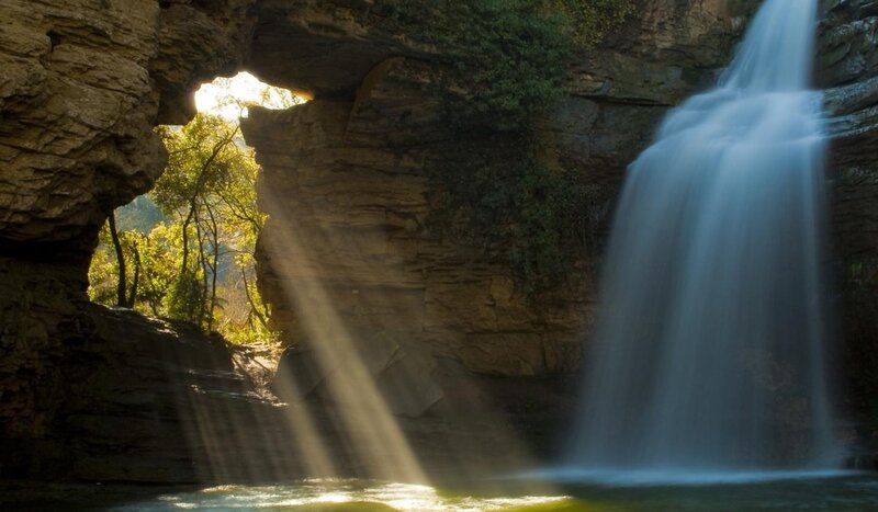 Waterfall in Cave — Brown, Serene, Afternoon