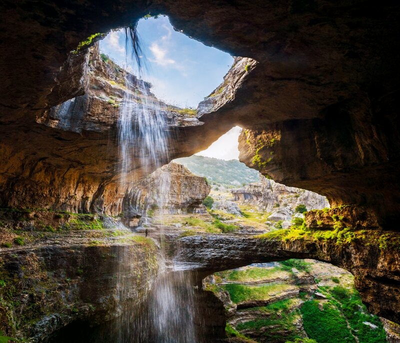 Waterfall in Cave — Green, Dramatic, Afternoon, Photograph