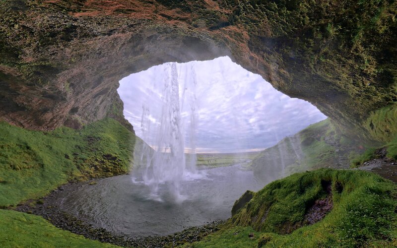 Waterfall in Cave — Green, Dramatic, Afternoon