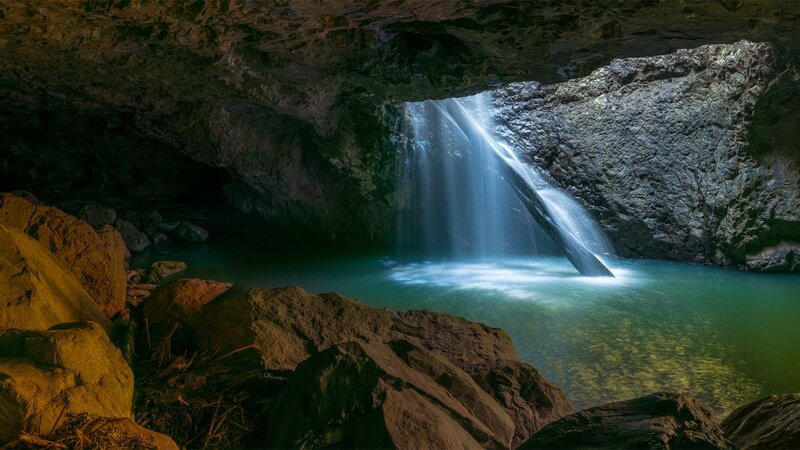 Waterfall in Cave — Green, Dramatic, Photograph, Pool