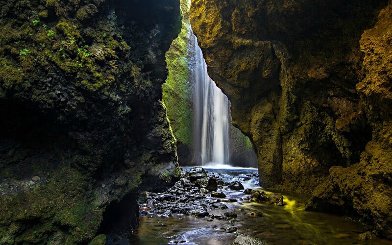 Waterfall in Cave — Green, Dramatic, Photograph, Rocks