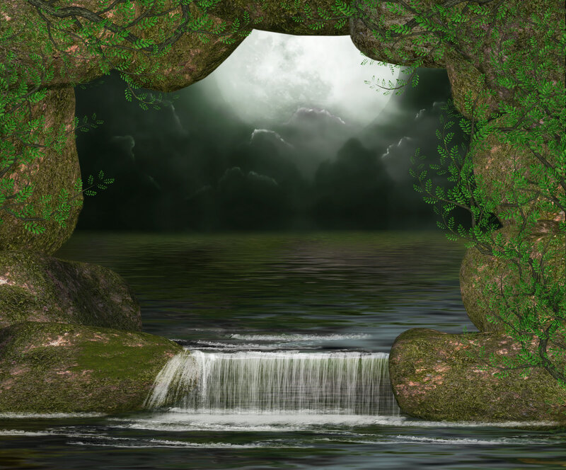 Waterfall in Cave — Green, Mysterious