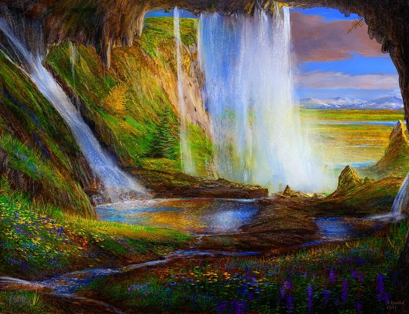 Waterfall in Cave — Green, Serene, Afternoon, Digital Art
