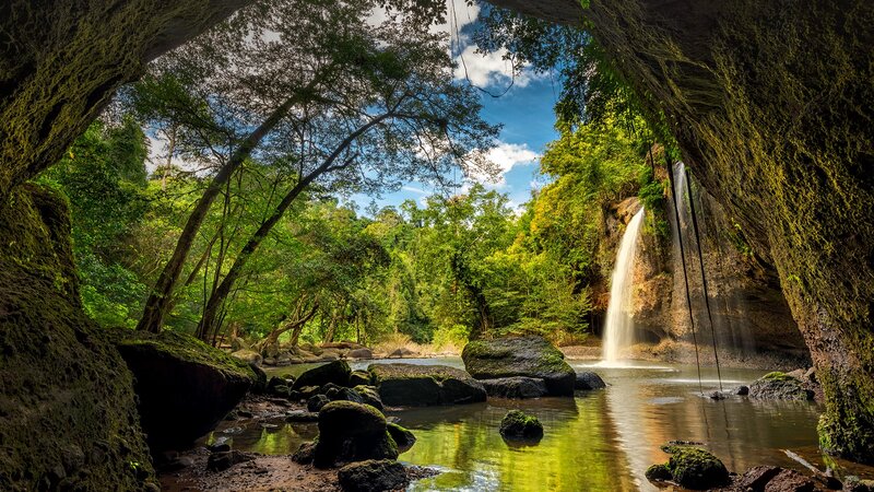 Waterfall in Cave — Green, Serene, Afternoon, Photograph, Trees
