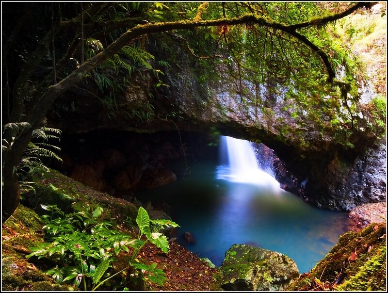 Waterfall in Cave — Green, Serene, Afternoon