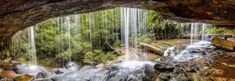 Waterfall in Cave — Green, Serene, Morning