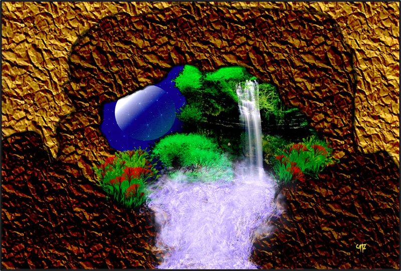Waterfall in Cave — Green, Serene, Night