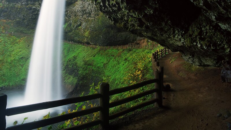 Waterfall in Cave — Green, Serene, Photograph, Path