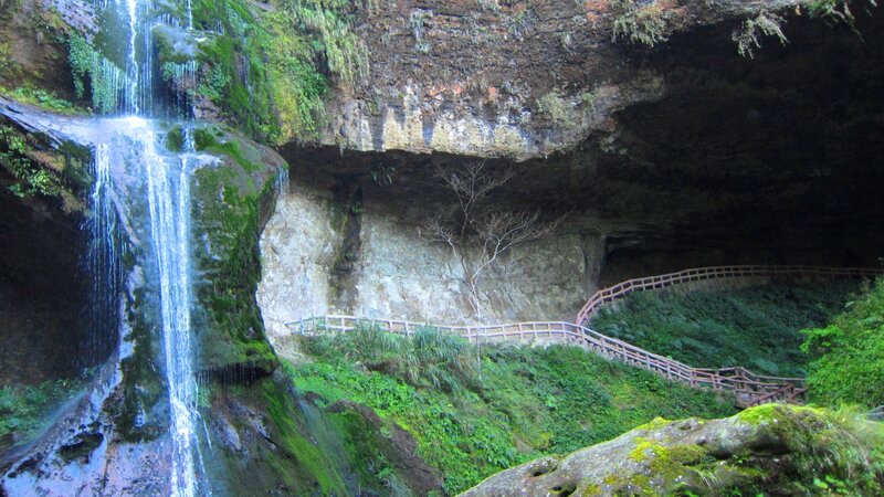 Waterfall in Cave — Green, Serene, Photograph