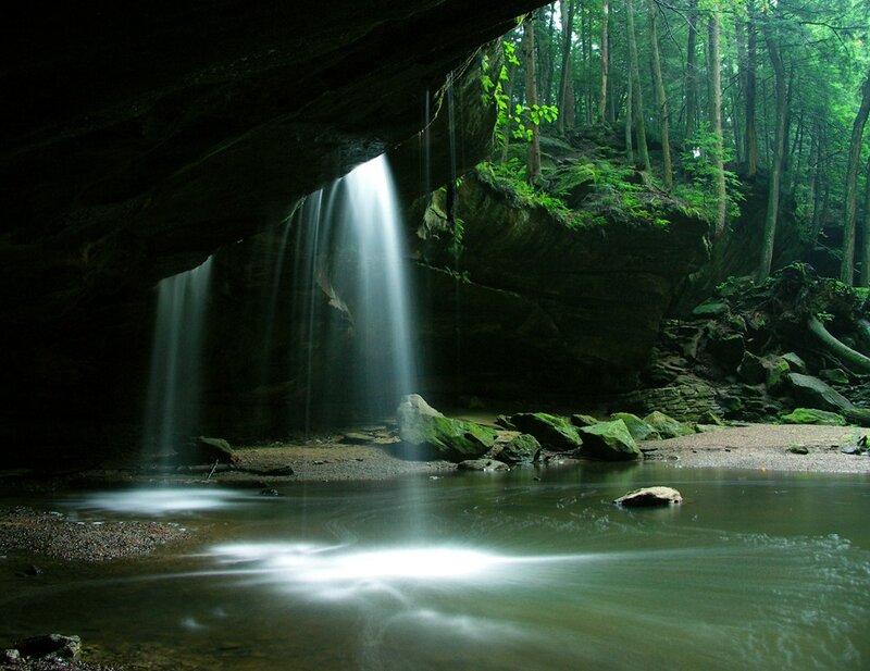 Waterfall in Cave — Green, Serene