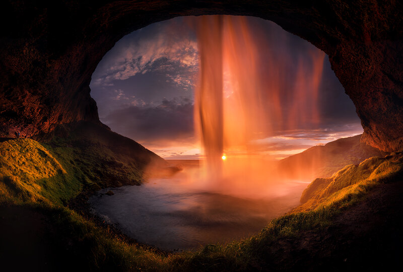 Waterfall in Cave — Orange, Dramatic, Sunset