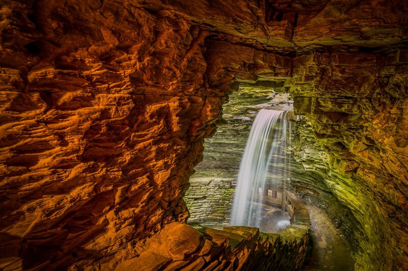 Waterfall in Cave — Orange, Dramatic