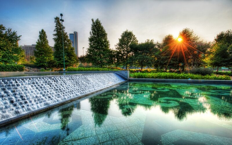 Waterfall in City Park — Green