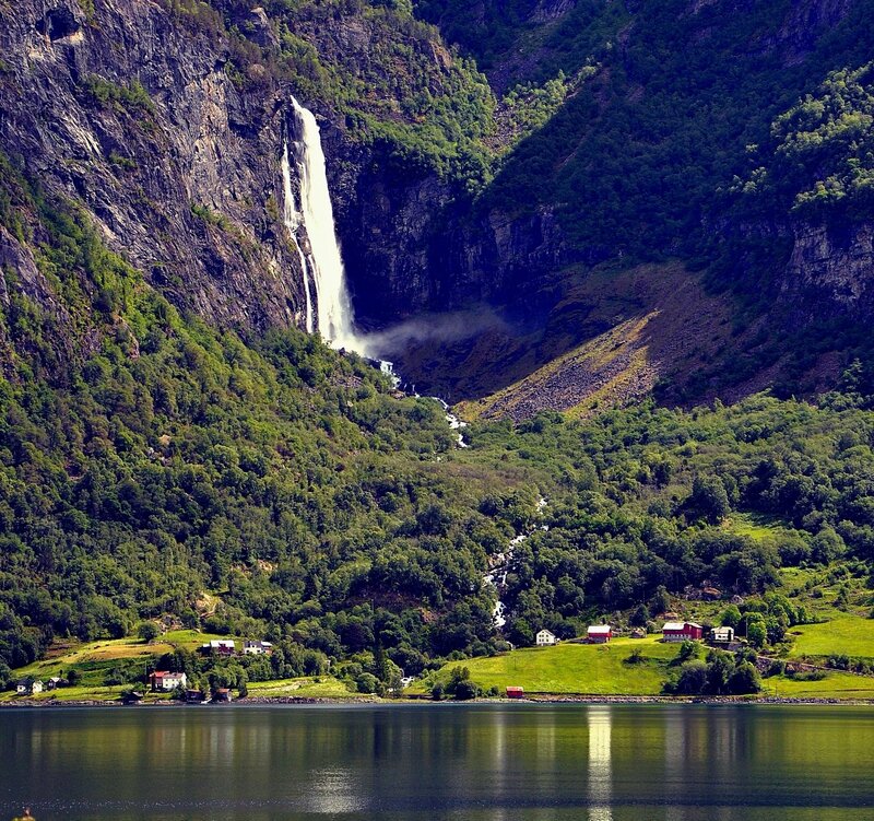 Waterfall in Fjord — Green, Serene