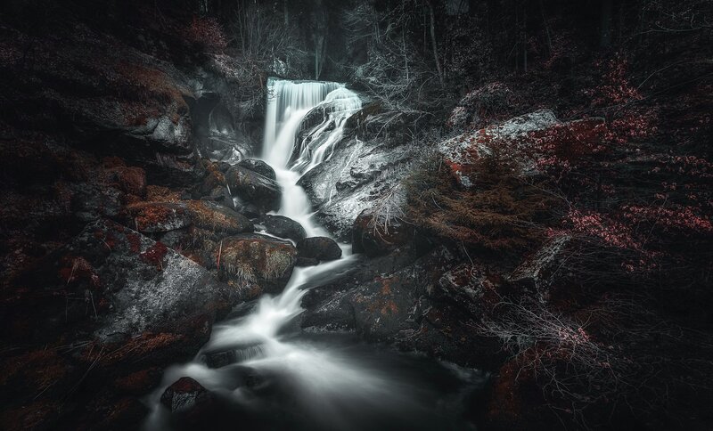 Waterfall in Forest — Black, Dramatic, Autumn