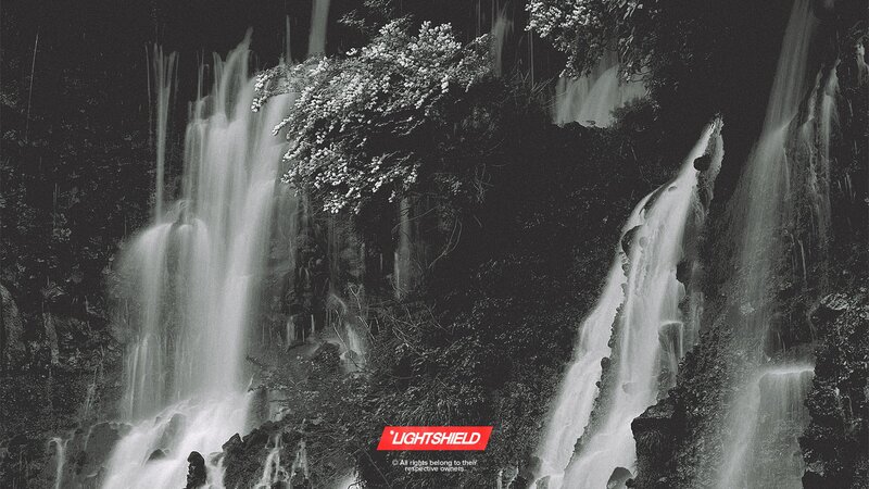 Waterfall in Forest — Black, Dramatic, Photograph
