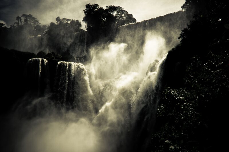 Waterfall in Forest — Black, Dramatic, Photograph, Trees
