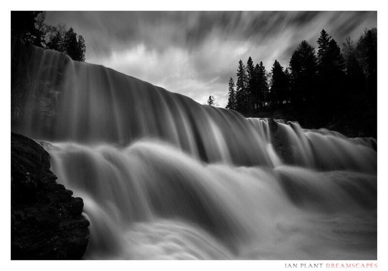 Waterfall in Forest — Black, Dramatic