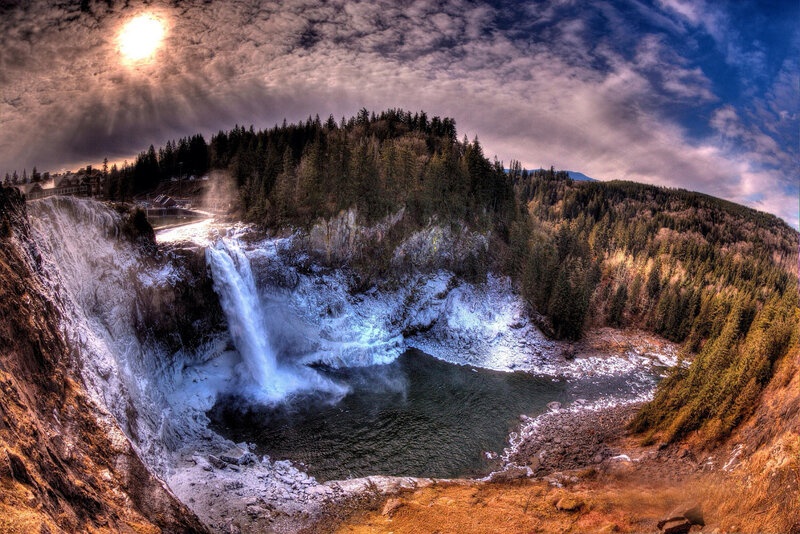 Waterfall in Forest — Blue, Dramatic, Afternoon, Photograph, River, Clouds
