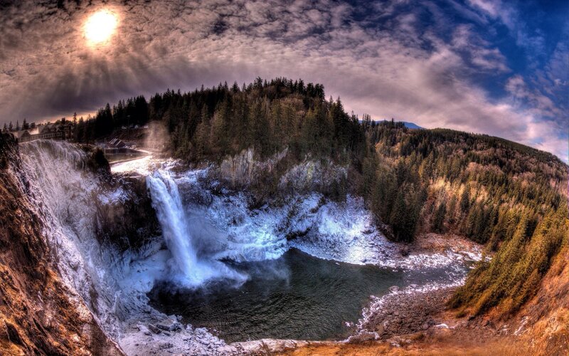 Waterfall in Forest — Blue, Dramatic, Afternoon, Photograph, River
