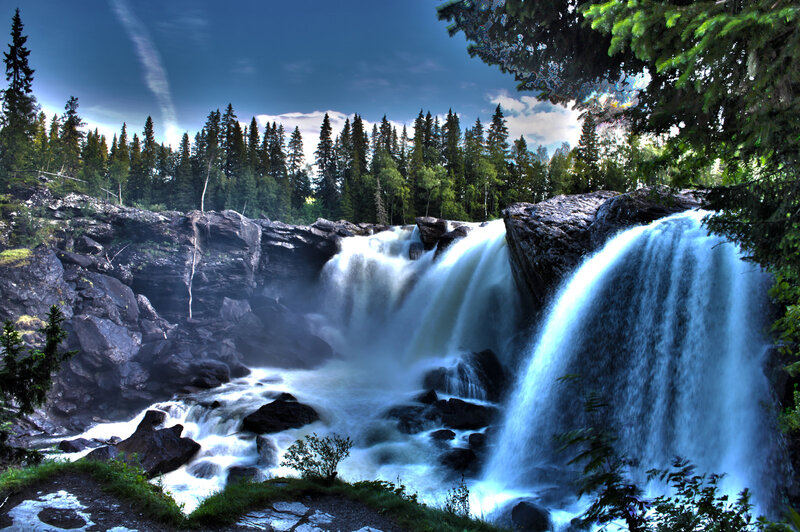 Waterfall in Forest — Blue, Dramatic, Afternoon, Photograph