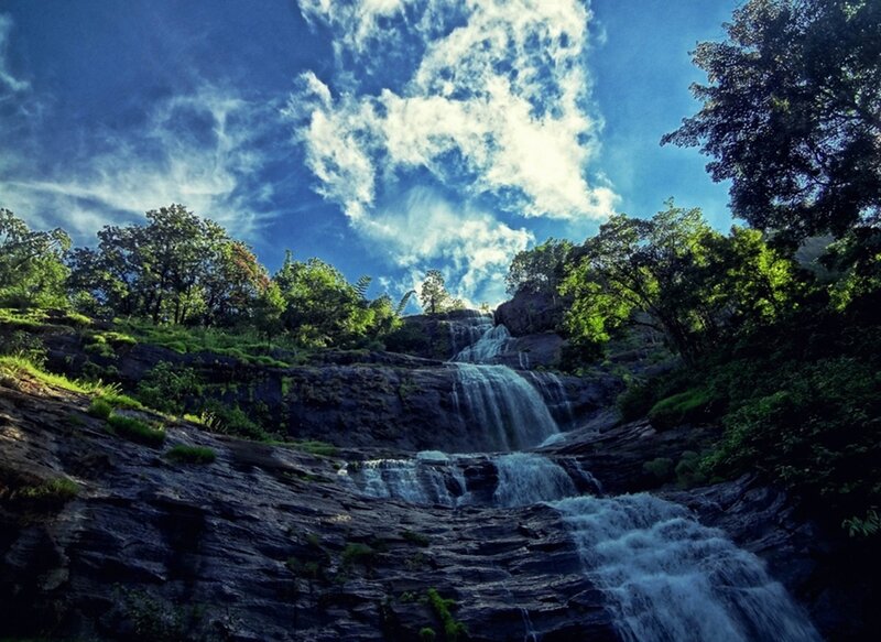 Waterfall in Forest — Blue, Dramatic, Afternoon, Photograph, Trees