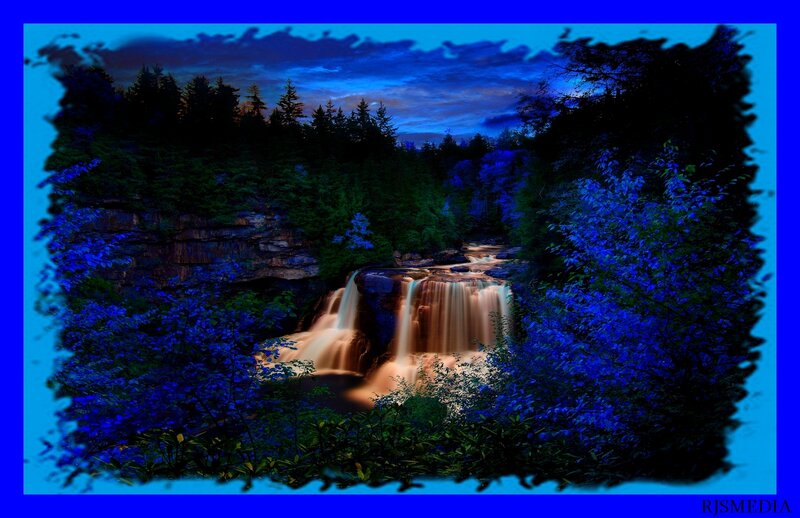Waterfall in Forest — Blue, Dramatic, Night, Photograph