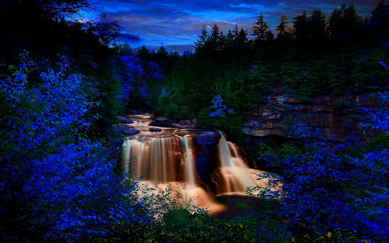 Waterfall in Forest — Blue, Dramatic, Night, Photograph, Trees, River