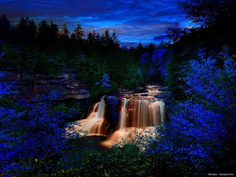 Waterfall in Forest — Blue, Dramatic, Night, Photograph, Trees, Rocks