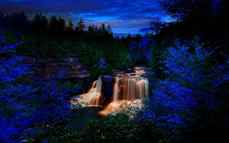 Waterfall in Forest — Blue, Dramatic, Night, Photograph, Trees