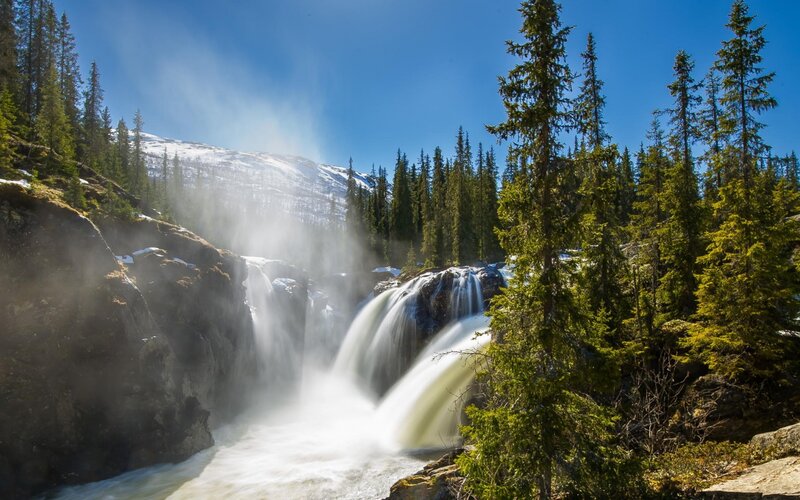 Waterfall in Forest — Blue, Dramatic, Spring, Photograph