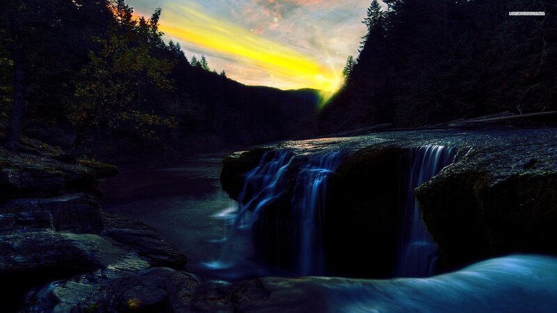 Waterfall in Forest — Blue, Dramatic, Sunset, Photograph, River, Sky