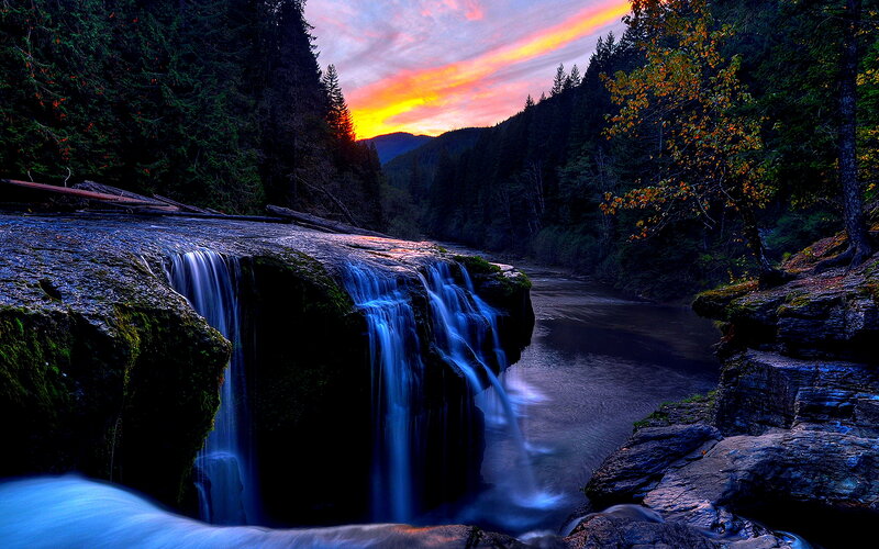 Waterfall in Forest — Blue, Dramatic, Sunset, Photograph, River