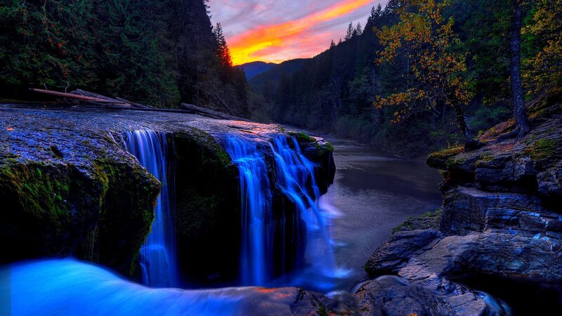 Waterfall in Forest — Blue, Dramatic, Sunset, Photograph, River, Trees